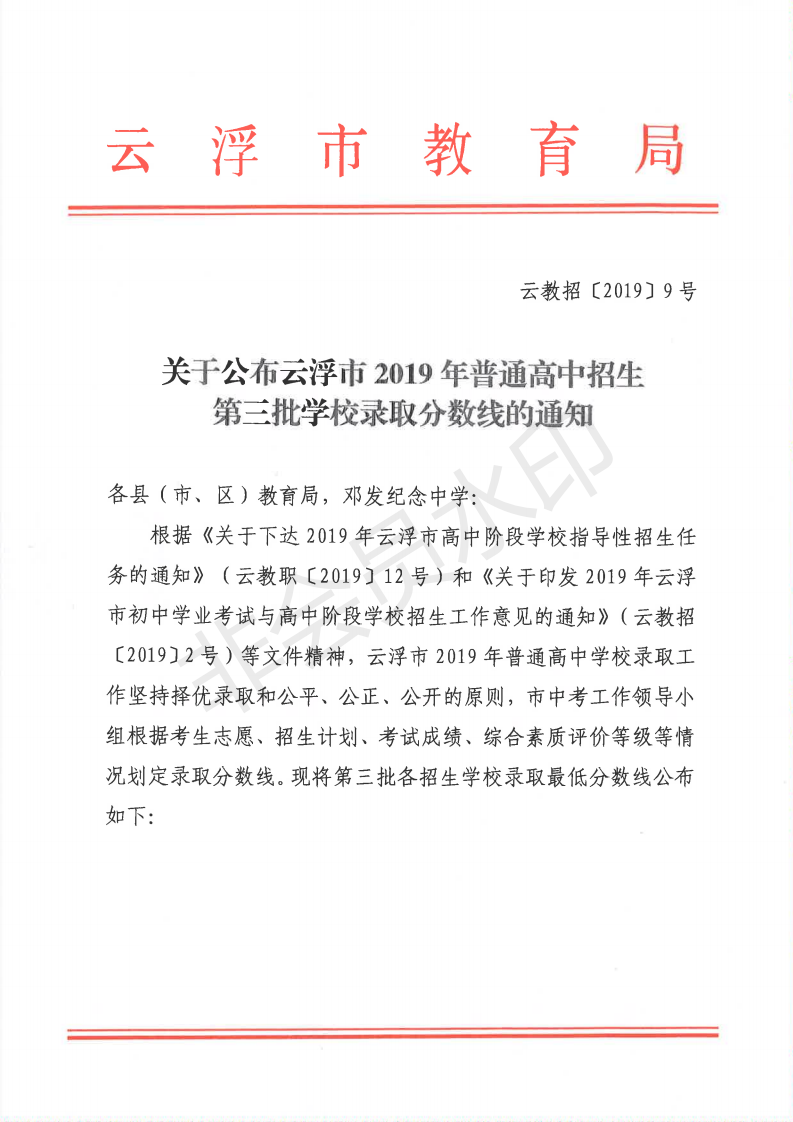 2019年广东云浮中考第三批高中学校录取分数线