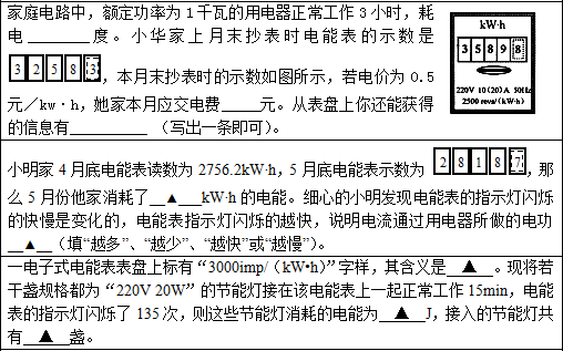 初中物理家庭用電電熱器電能表