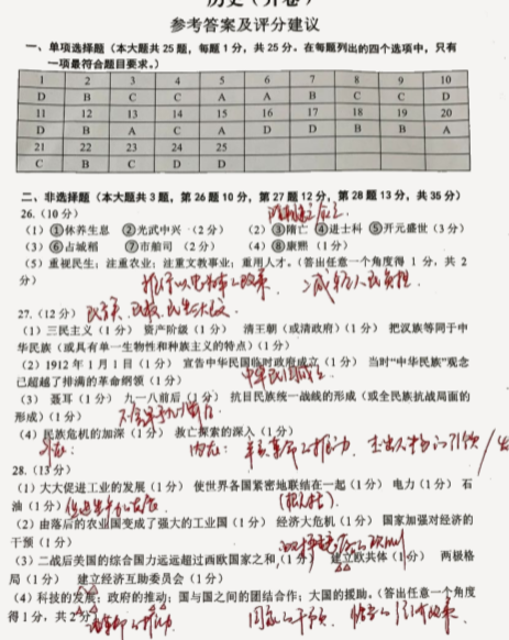 2020南京市玄武区中考一模历史试卷答案（图片版）