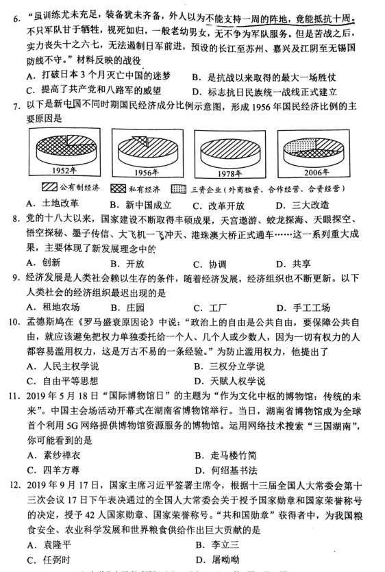 2020年湖南长沙市初中学业水平考试模拟试卷历史二（图片版）