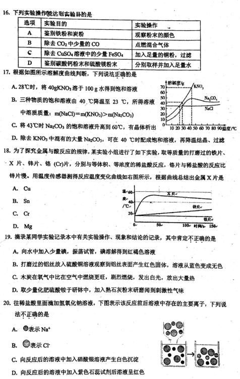 广东省广州市第二中学2020年中考一模化学卷（图片版）