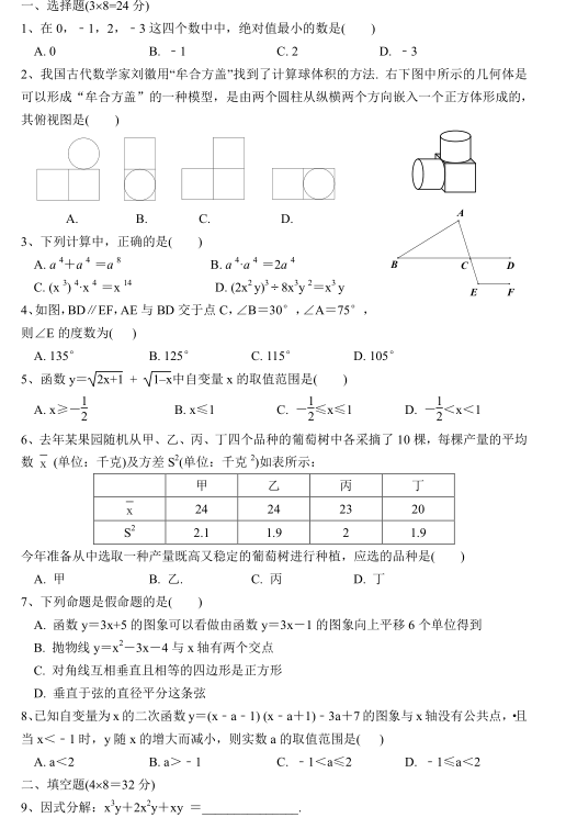 山东临沂河东2020年中考数学模拟测试题（图片版）