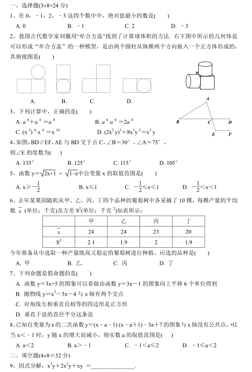福建漳州2020中考数学模拟练习试题（图片版）