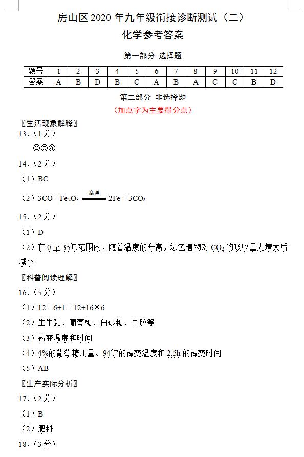 2020年北京市房山区中考二模化学试卷答案（图片版）