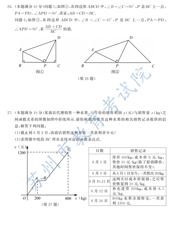 2020年江苏苏州中考数学真题（已公布）