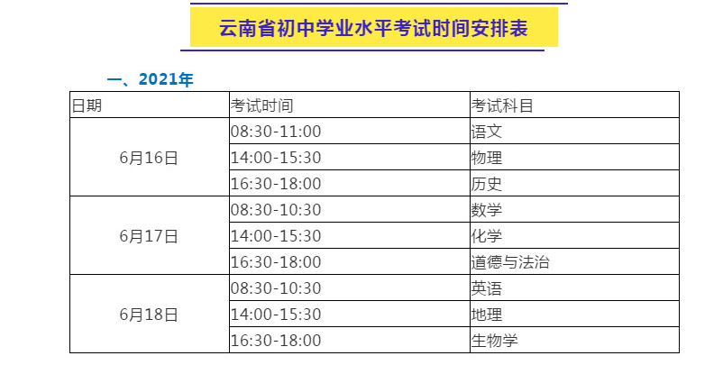 2021年云南省中考时间6月1618日