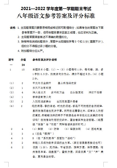 2022年广东茂名电白八上期末语文试题答案 下载版