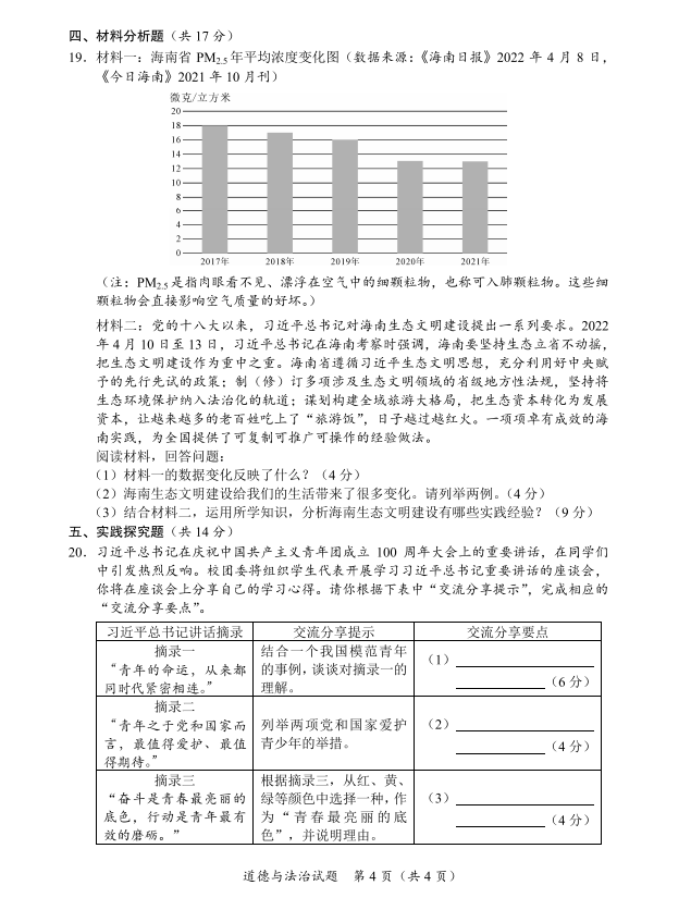 2023年海南中考道德與法治試卷真題及答案