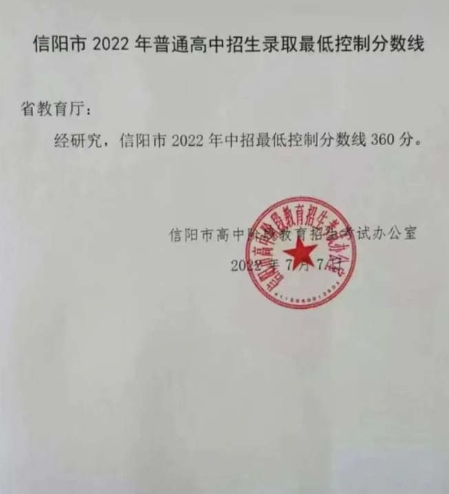2022年信阳中考录取分数线,信阳市各高中录取分数线一览表