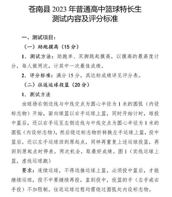 2023年浙江温州苍南县普高篮球特长生测试内容及评分标准