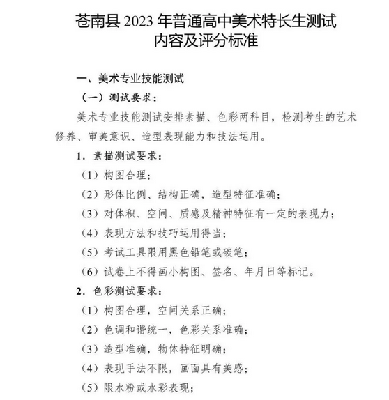 2023年浙江温州苍南县普高美术特长生评分标准
