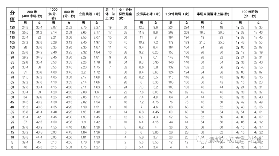 2024年廣東深圳中考體育考核評分標準