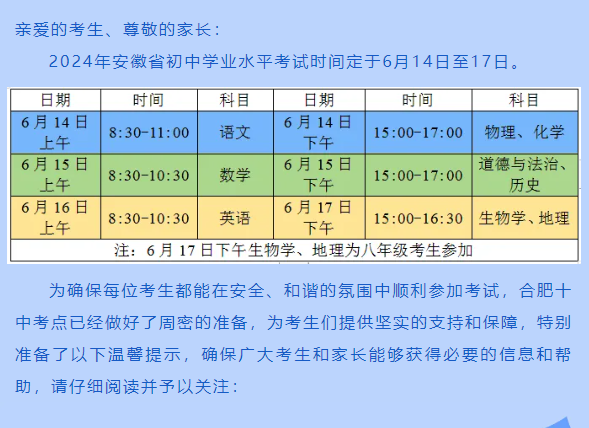 2024年安徽中考合肥十中考试知识点温馨提示