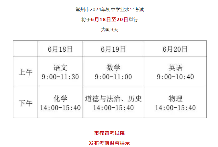 2024年江苏常州考试前温馨提示