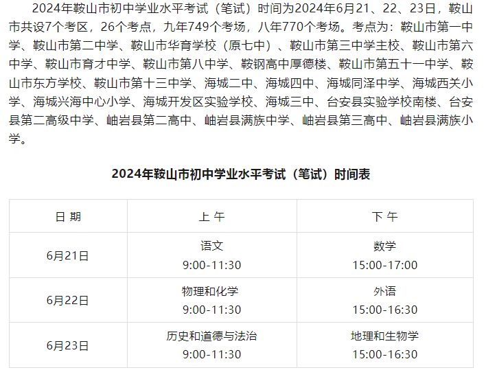 2024年辽宁鞍山中考时间和考场地方示意图