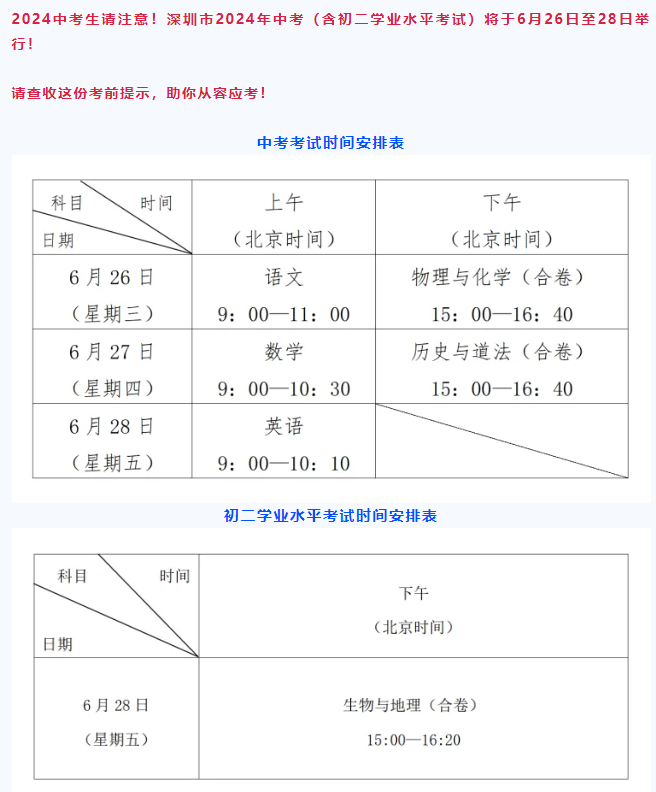 2024年广东深圳中考明日开考